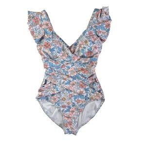 B2PRITY Floral Ruffle One Piece Swimsuit Blue Pink Ruched Tummy Control Medium